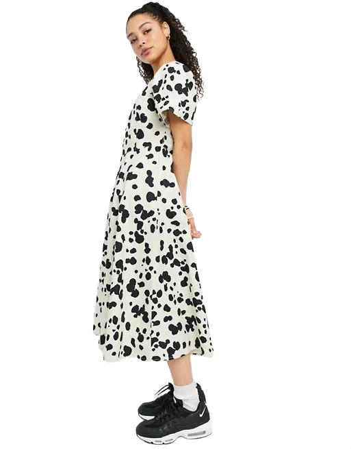 Pointed Waist Puff Sleeve Animal Print Midi Dress