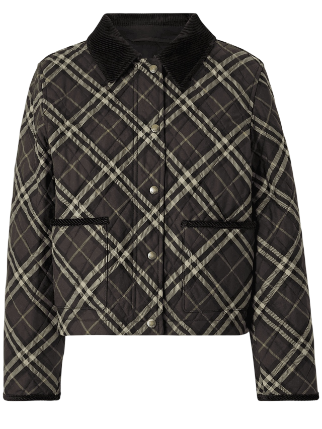 Стеганая хлопковая куртка в клетку с отделкой из вельвета от Burberry